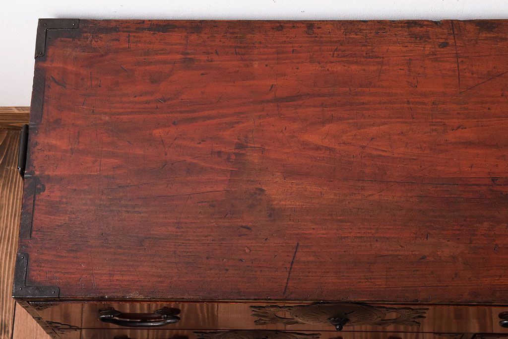 アンティーク家具　明治大正期　前面欅材の小ぶりな重ね仙台箪笥(衣装箪笥)