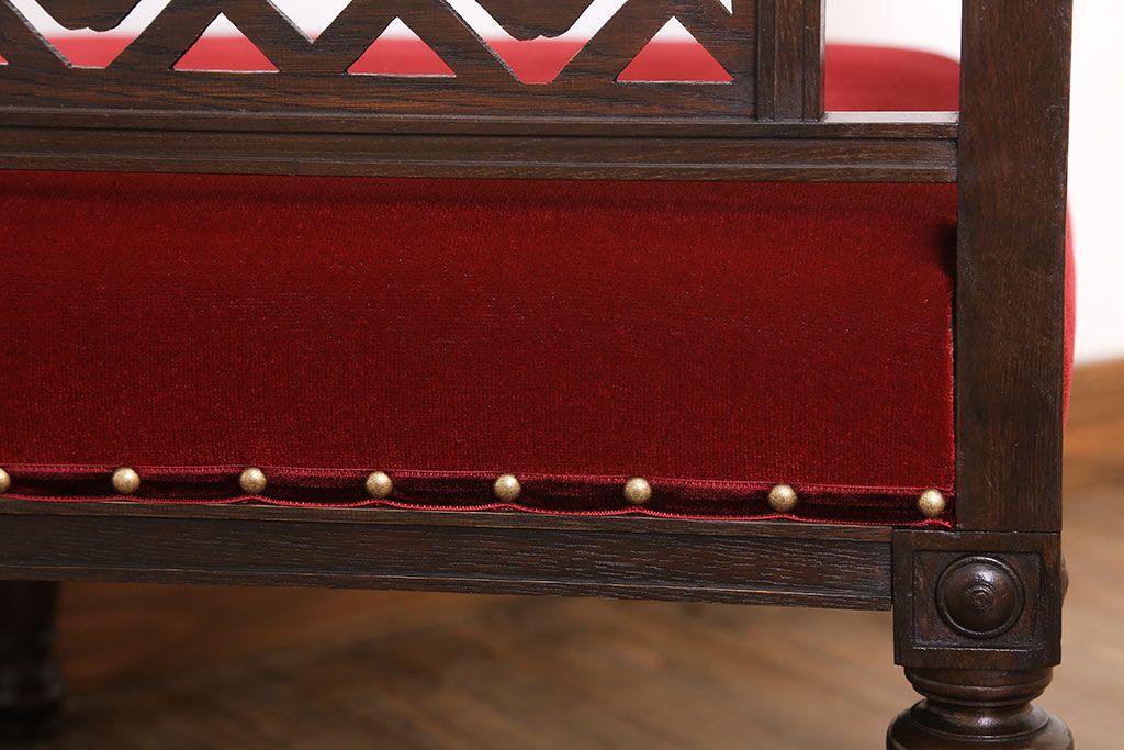 アンティーク家具　大正ロマン　ナラ材製　透かし彫りが美しい和製アンティークコーナーソファ(3)