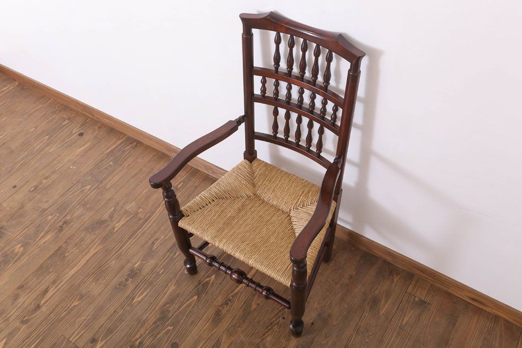 中古美品　松本民芸家具　#48型　ラッシ座面　スピンドルアームチェア(定価約14万9千円)(椅子)(1)