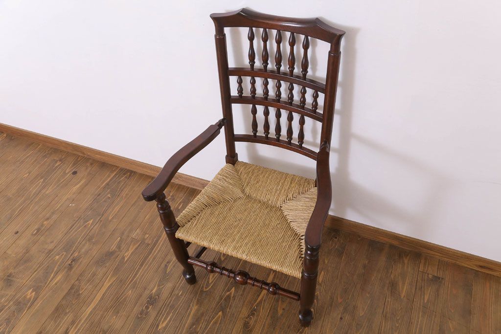 中古美品　松本民芸家具　#48型　ラッシ座面　スピンドルアームチェア(定価約14万9千円)(椅子)(3)