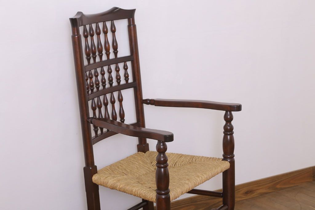 中古美品　松本民芸家具　#48型　ラッシ座面　スピンドルアームチェア(定価約14万9千円)(椅子)(3)