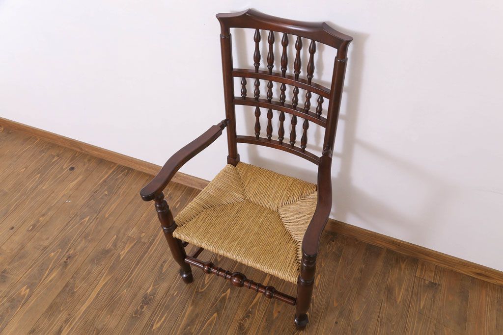 中古美品　松本民芸家具　#48型　ラッシ座面　スピンドルアームチェア(定価約14万9千円)(椅子)