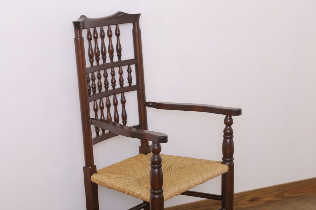 中古美品　松本民芸家具　#48型　ラッシ座面　スピンドルアームチェア(定価約14万9千円)(椅子)