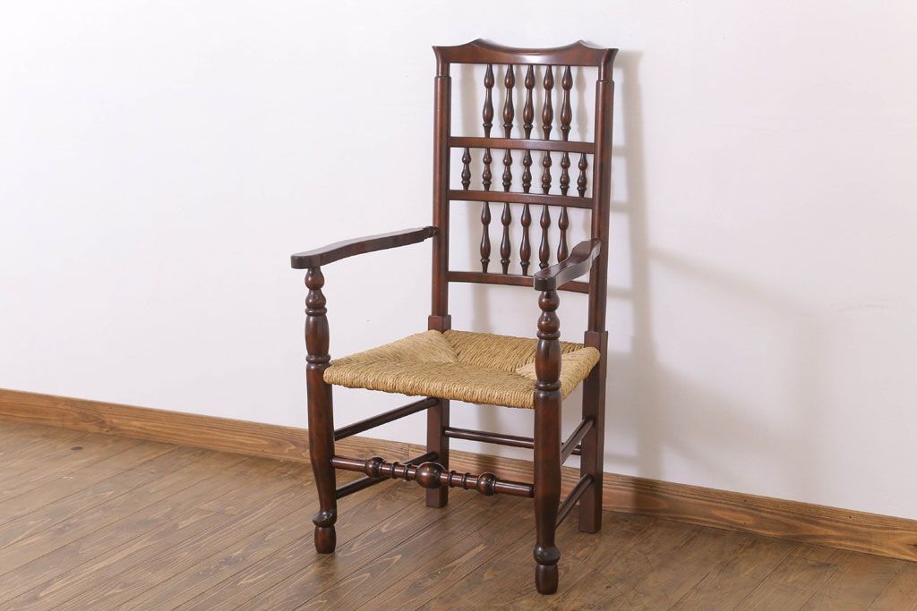 中古　松本民芸家具　美品　#48型　ラッシ座面　スピンドルアームチェア(定価約14万9千円)(椅子)(1)