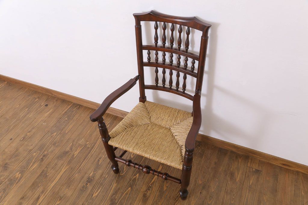 中古　松本民芸家具　美品　#48型　ラッシ座面　スピンドルアームチェア(定価約14万9千円)(椅子)(1)