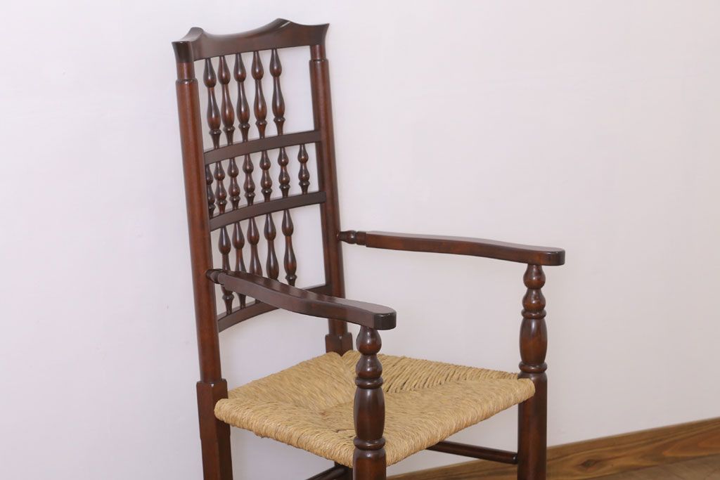 中古　松本民芸家具　美品　#48型　ラッシ座面　スピンドルアームチェア(定価約14万9千円)(椅子)(1)
