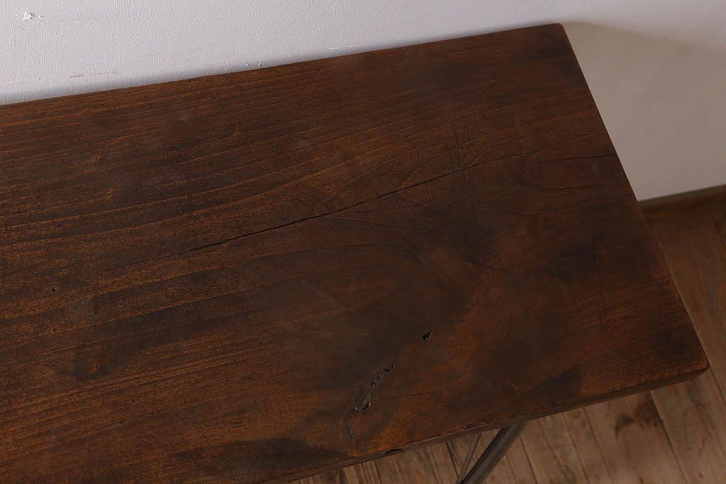 アンティーク家具　古材天板一枚板!アンティーク鉄脚テーブル(作業台、机)(1)