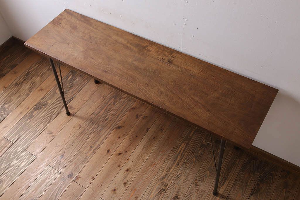 アンティーク家具　古材天板一枚板!アンティーク鉄脚テーブル(作業台、机)(2)