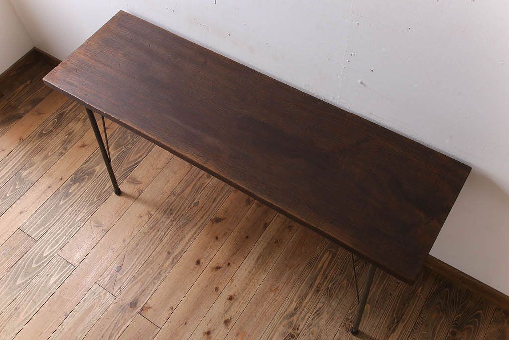 アンティーク家具　古材一枚板天板のアンティーク鉄脚テーブル(作業台、机)(1)