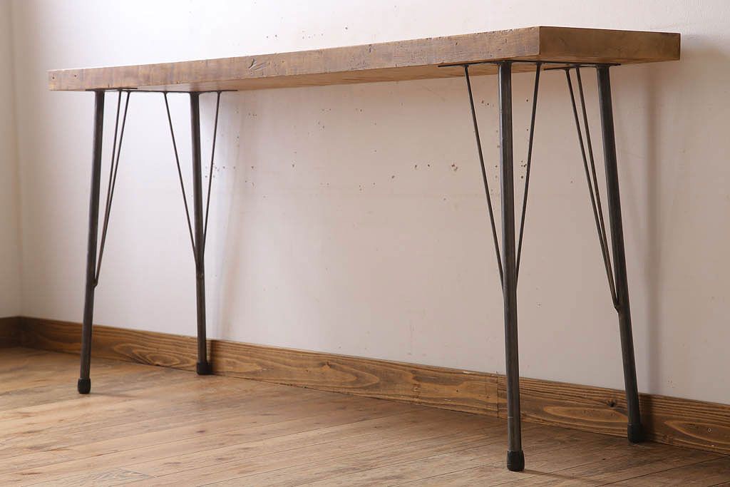 アンティーク家具　古材一枚板天板のアンティーク鉄脚テーブル(作業台、机)(2)