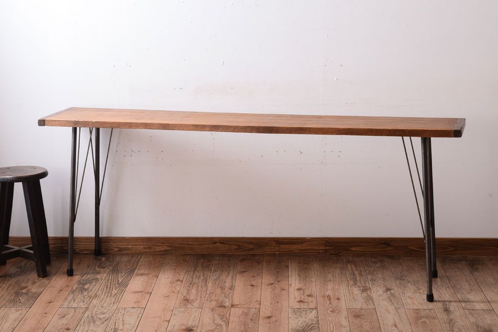 アンティーク家具　古材一枚板天板!鉄脚テーブル(作業台、机)(2)
