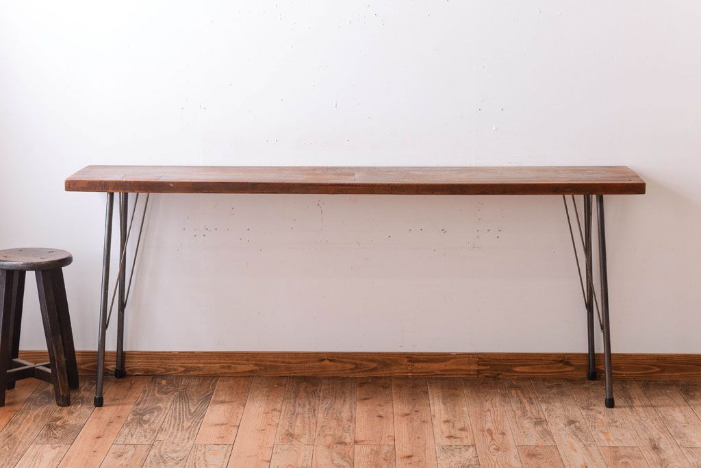 アンティーク家具　古材一枚板天板!鉄脚テーブル(作業台、机)(3)