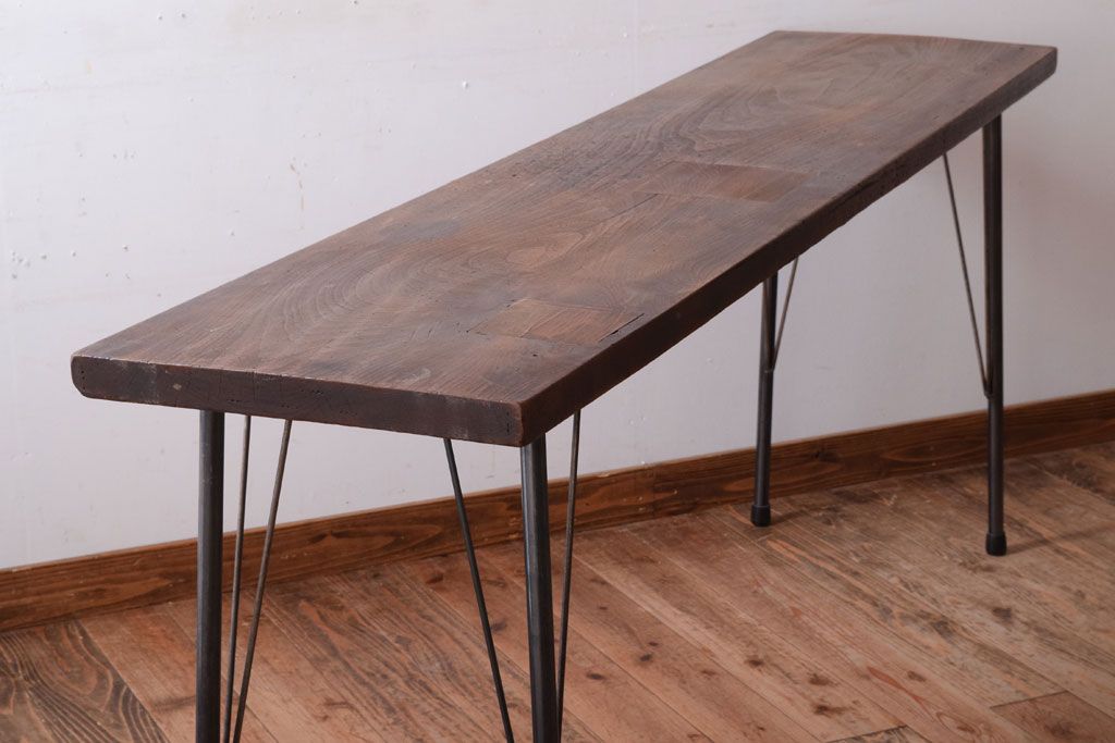 アンティーク家具　古材一枚板天板!鉄脚テーブル(作業台、机)(3)
