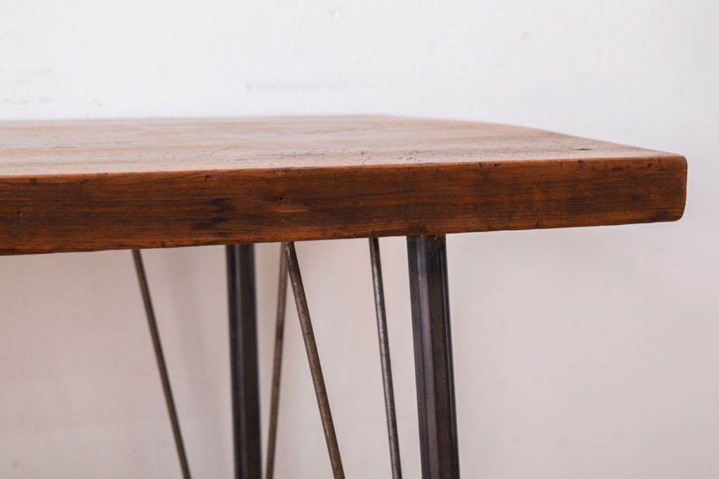 アンティーク家具　古材一枚板天板!鉄脚テーブル(作業台、机)(3)