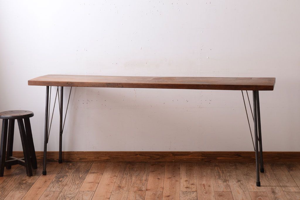アンティーク家具　古材一枚板天板!鉄脚テーブル(作業台、机)(3)