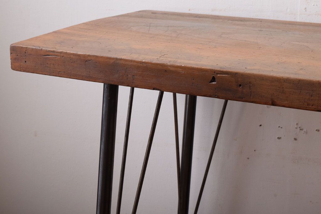アンティーク家具　古材一枚板天板!鉄脚テーブル(作業台、机)(3)