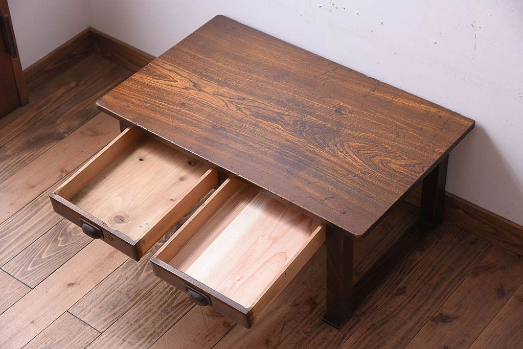 レトロ家具　古い木製のレトロでシンプルなアンティーク文机(1)