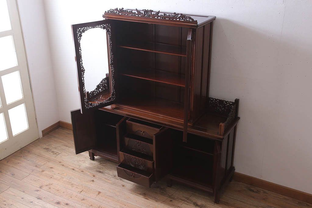 中古　民芸家具　高級品!彫刻が素晴らしい唐木飾り棚(キャビネット)(定価198万円)