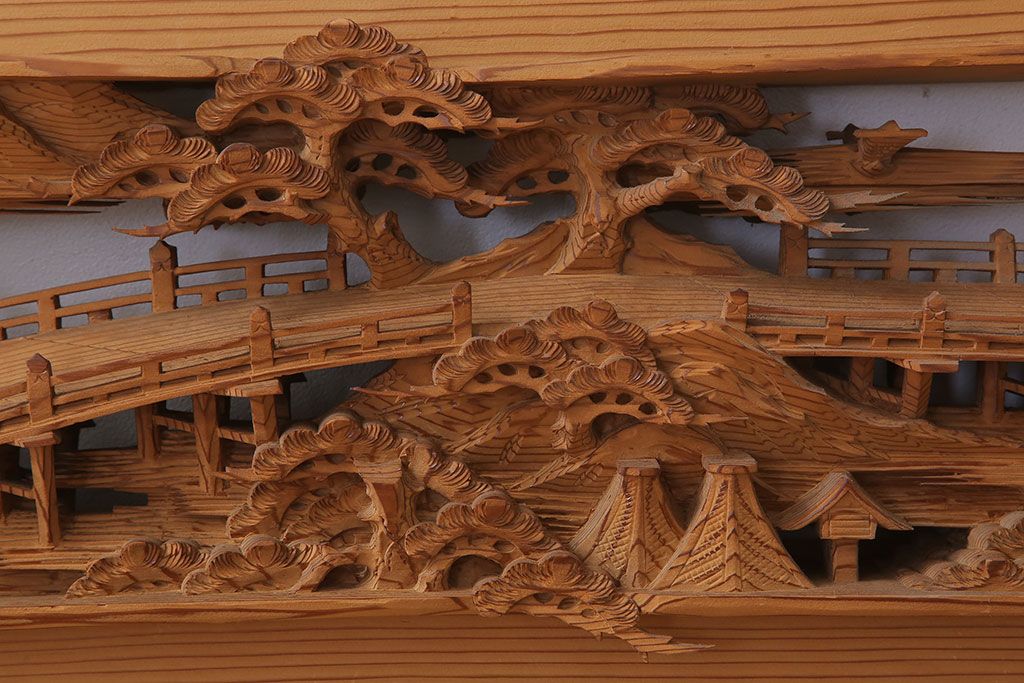 松 低く 橋 寺院 彫刻欄間 透かし建具 2枚セット 骨董品