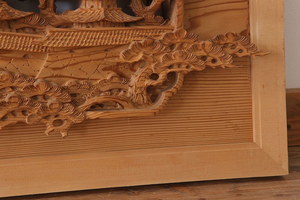 在名　古民具・骨董　近江八景　古い杉材製彫刻欄間一対