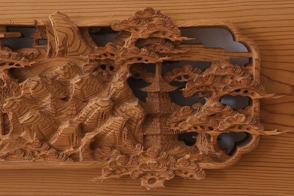 在名　古民具・骨董　近江八景　古い杉材製彫刻欄間一対