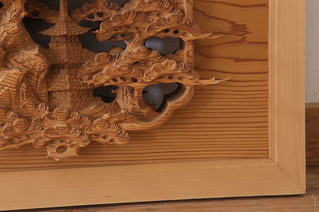 在名　古民具・骨董　近江八景　古い杉材製彫刻欄間一対