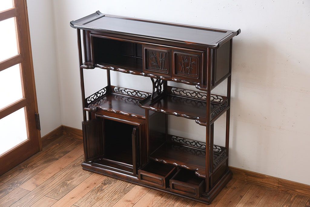 アンティーク家具　唐木・縞黒檀材!上品なアンティーク飾り棚(茶棚)