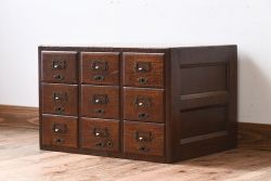 アンティーク家具　ネームプレート取っ手!ナラ材製のアンティークカードケース(小引き出し、図書館、図書室)(2)