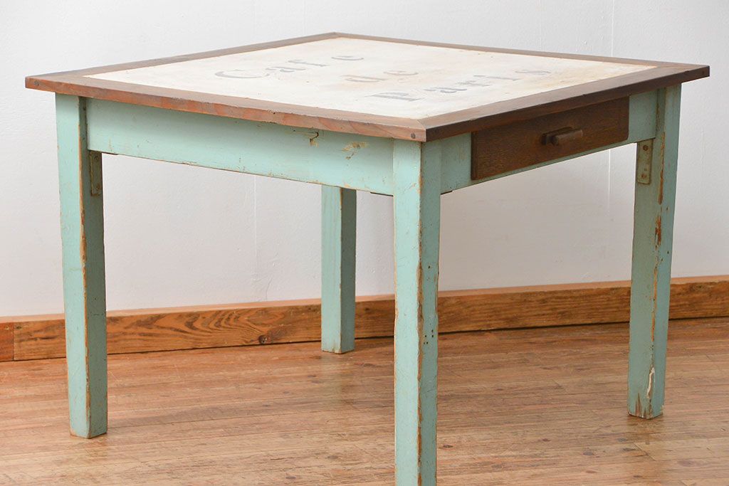 アンティーク家具　フランスアンティーク　古いペイントの引き出し付きテーブル(机、在宅ワーク、在宅用デスク)