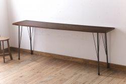 アンティーク家具　天板一枚板　朴の木材　アンティーク　シンプルな鉄脚テーブル