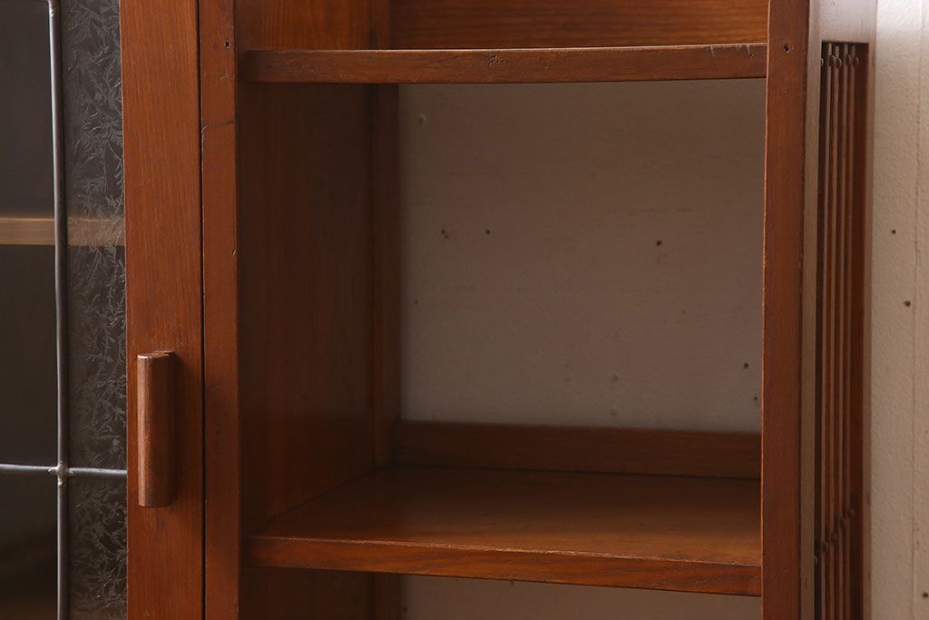 レトロ家具　昭和レトロ　ラフジュ工房オリジナルステンドグラス　ステンドグラス扉　ナラ材　古い木製の本箱