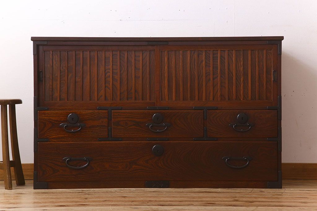 アンティーク家具　明治大正期　前面欅材　時代箪笥ローボード