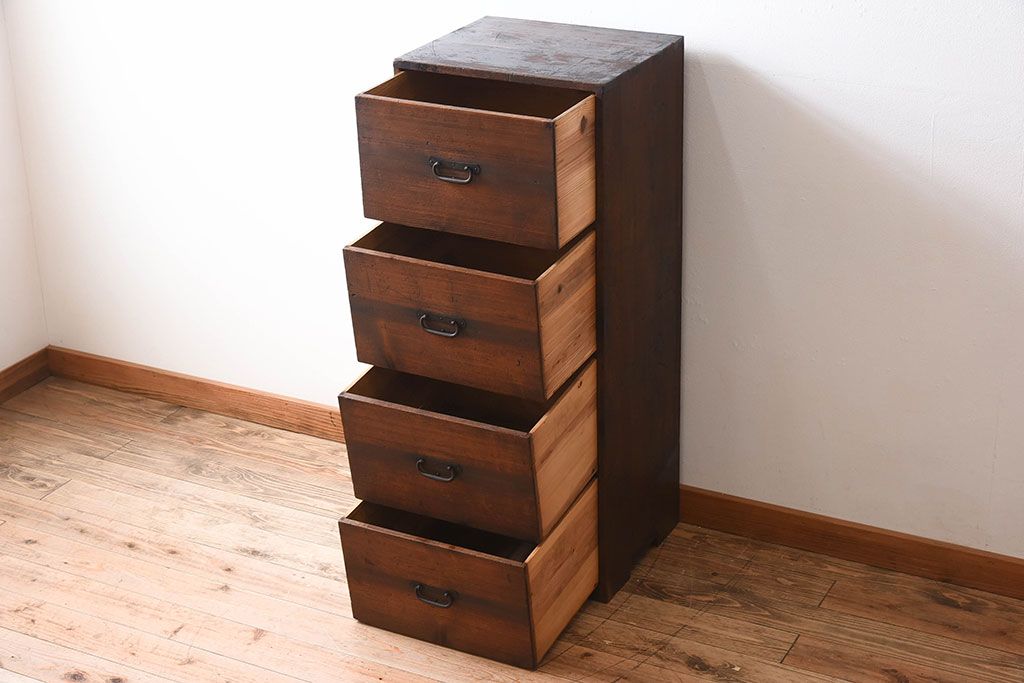 アンティーク家具　古民具・骨董　古い檜材の縦型4杯引き出し