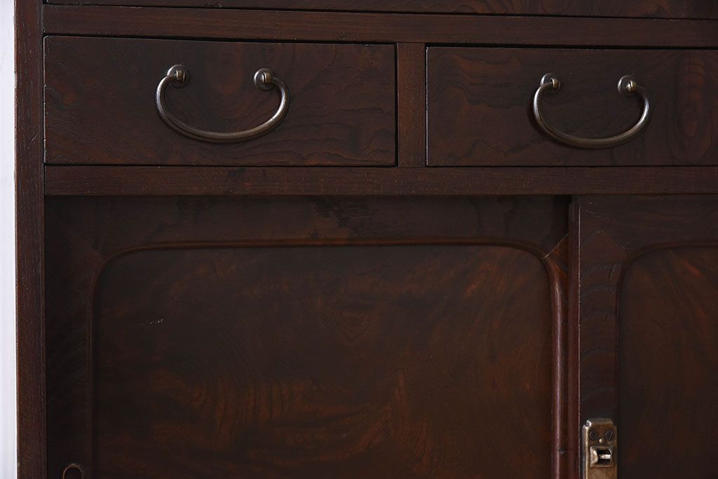 アンティーク家具　高級品　玉杢　三方欅材　かくし付き!重ね帳場箪笥