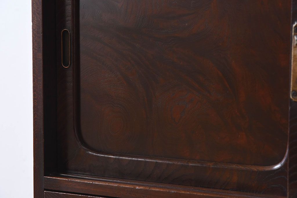 アンティーク家具　高級品　玉杢　三方欅材　かくし付き!重ね帳場箪笥