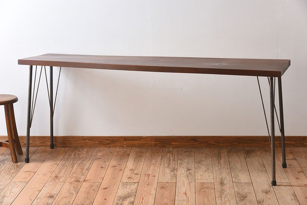 アンティーク家具　古い天板一枚板!シンプルな鉄脚テーブル