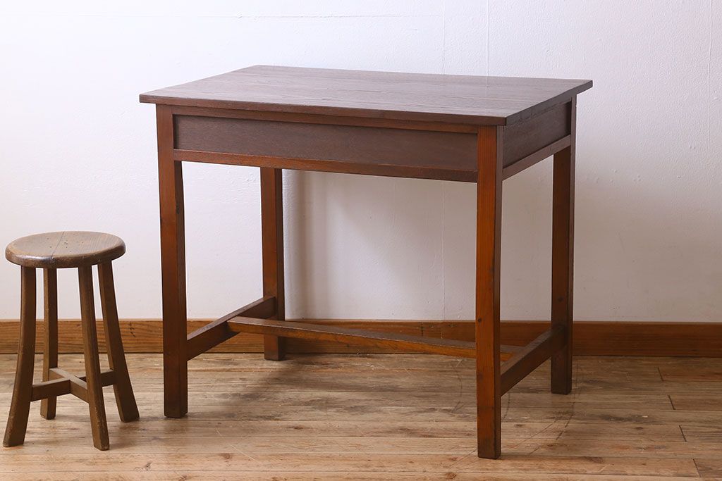 アンティーク雑貨　昭和レトロ　引き出し2杯付き!古い栗材製のサイドテーブル(平机)