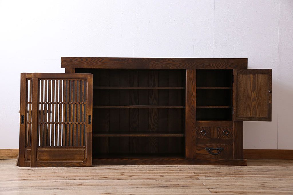 中古　民芸家具　国産　手作り　五尺　栗無垢材製!収納箪笥サイドボード(水屋箪笥)