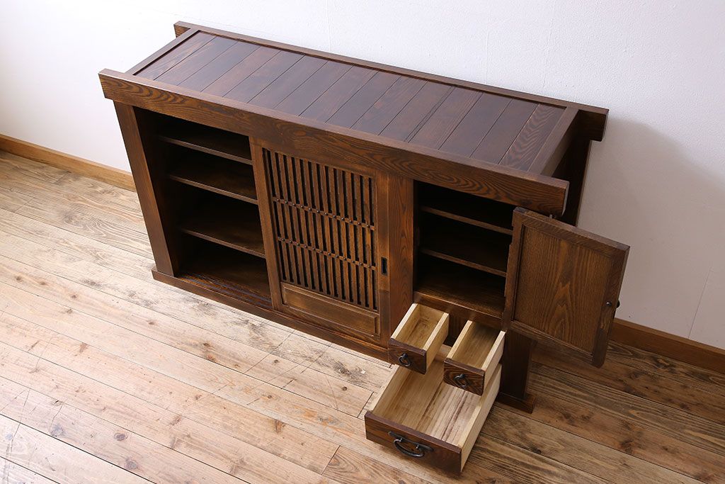 中古　民芸家具　国産　手作り　五尺　栗無垢材製!収納箪笥サイドボード(水屋箪笥)