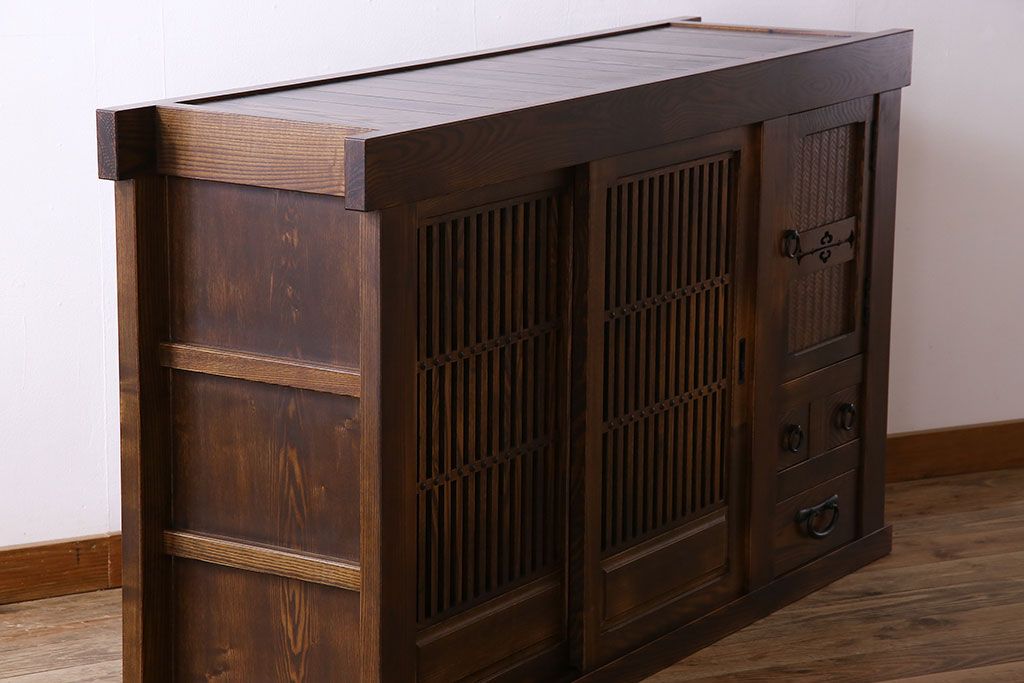 中古　民芸家具　国産　手作り　五尺　栗無垢材製!収納箪笥サイドボード(水屋箪笥)
