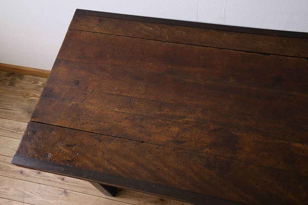ヴィンテージ家具　アイアンフレームのシャビーなビンテージ作業台(テーブル)(3)
