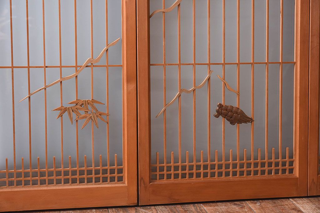 松竹梅・鶴亀の彫刻　アンティーク　ガラス入り書院戸(書院障子)4枚セット