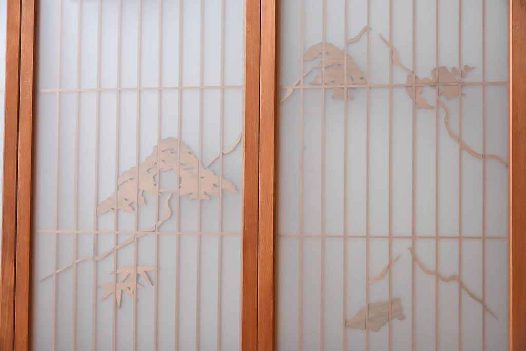 松竹梅・鶴亀の彫刻　アンティーク　ガラス入り書院戸(書院障子)4枚セット
