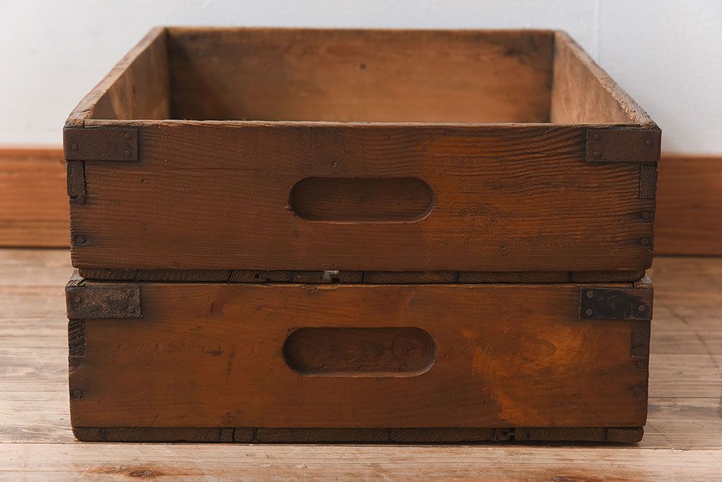 アンティーク雑貨　昭和レトロ 味わい深いシンプルな木箱2個セット(3)