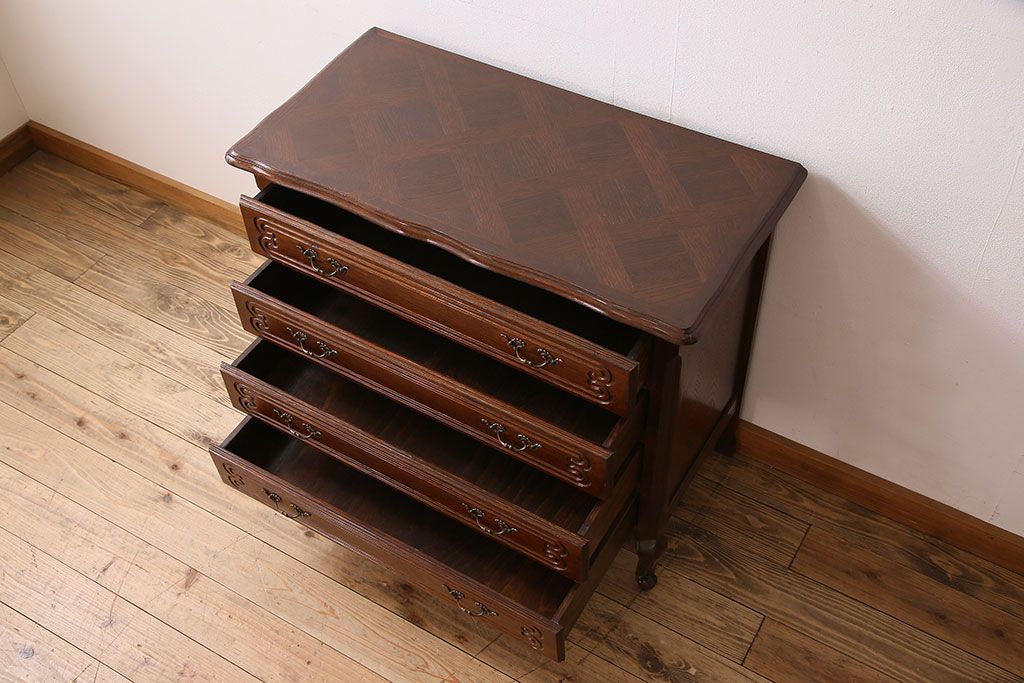 ヴィンテージ家具　オーク材製　パーケット天板!フランスビンテージのチェスト(引き出し)