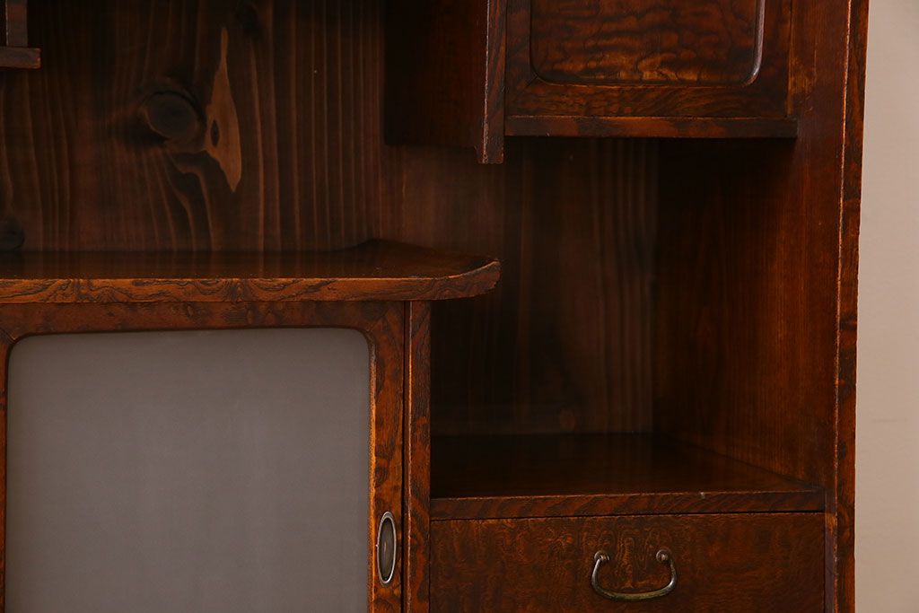レトロ家具　前面タモ材　すりガラス引き戸のレトロなアンティーク茶箪笥