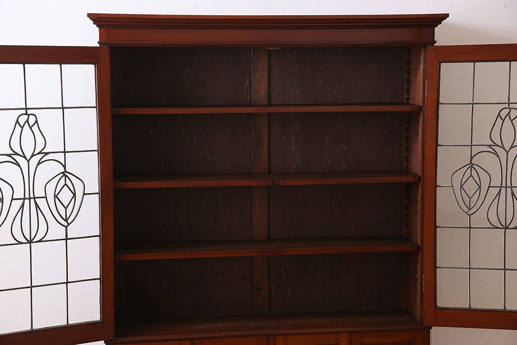 【Y様ご成約済み】最高級品　マホガニー材　ステンドグラス扉のイギリスアンティークブックケース(本箱)