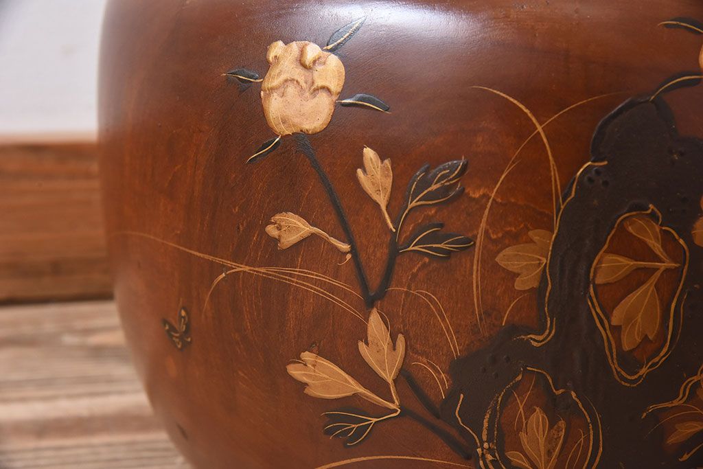 アンティーク雑貨　古民具・骨董　栃の木　木製　蒔絵が美しい刳り貫き火鉢