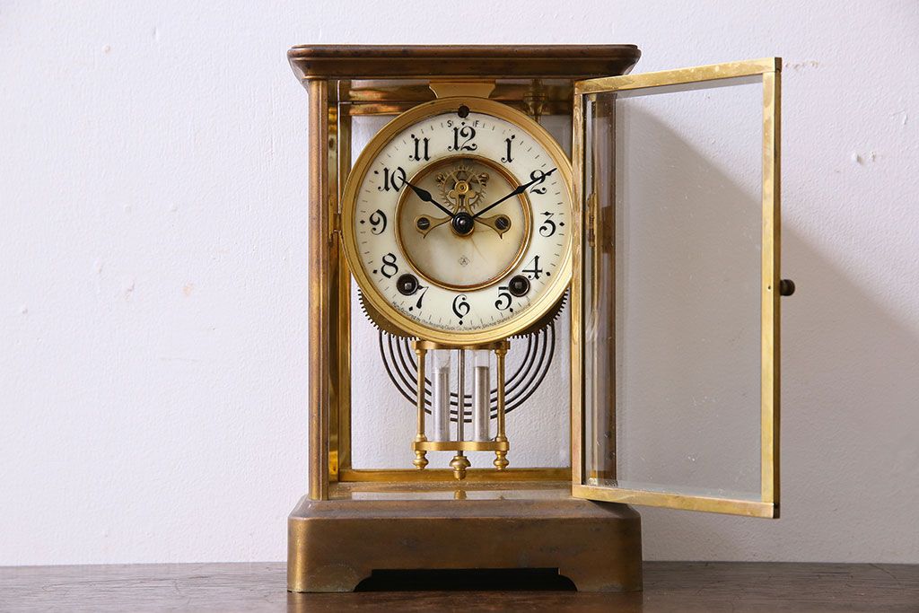 アンティーク雑貨　アンティーク　ANSONIA(アンソニア)　美しい真鍮の4面硝子置時計