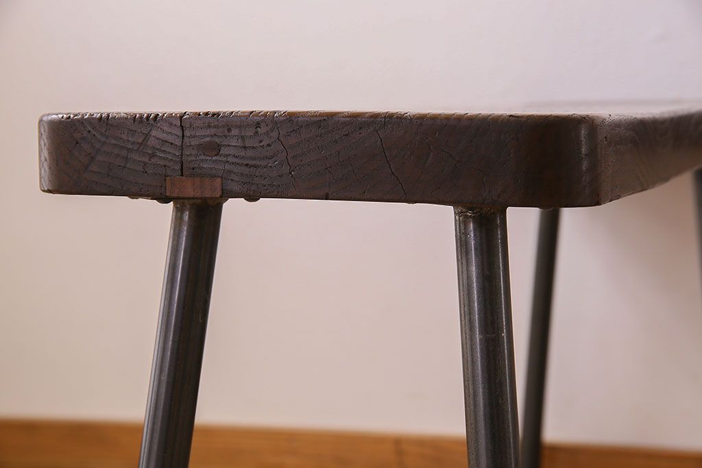 【K様ご成約済み・ご決済用】和製アンティーク　古材リメイク　シンプルデザインのL字型鉄脚ベンチ